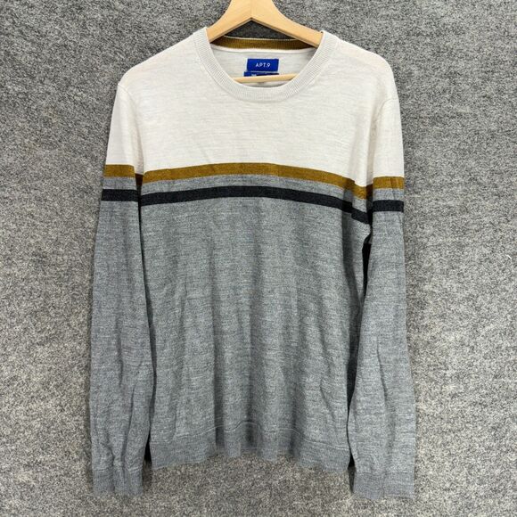 Apt. 9 Sweater Pullover Men S Small Gray Striped Knit Long Sleeve Wool Crew Neck - Picture 1 of 7